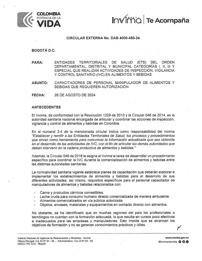 Miniatura de la primera página de la Circular Externa DAB 4000-450-24