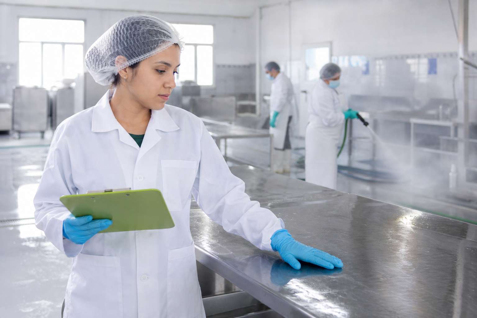 Ingeniera realizando una inspección higiénico-sanitaria