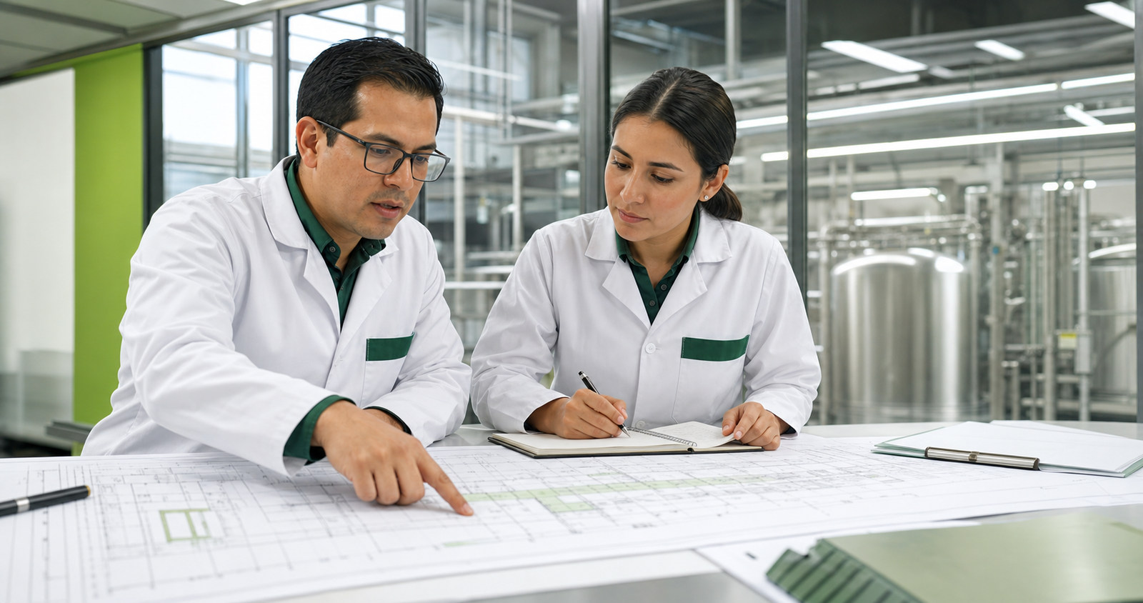 Ingenieras de alimentos revisando el diseño sanitario de una planta