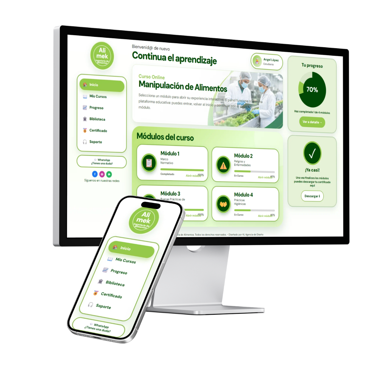 Plataforma virtual de Alimek en computador y celular